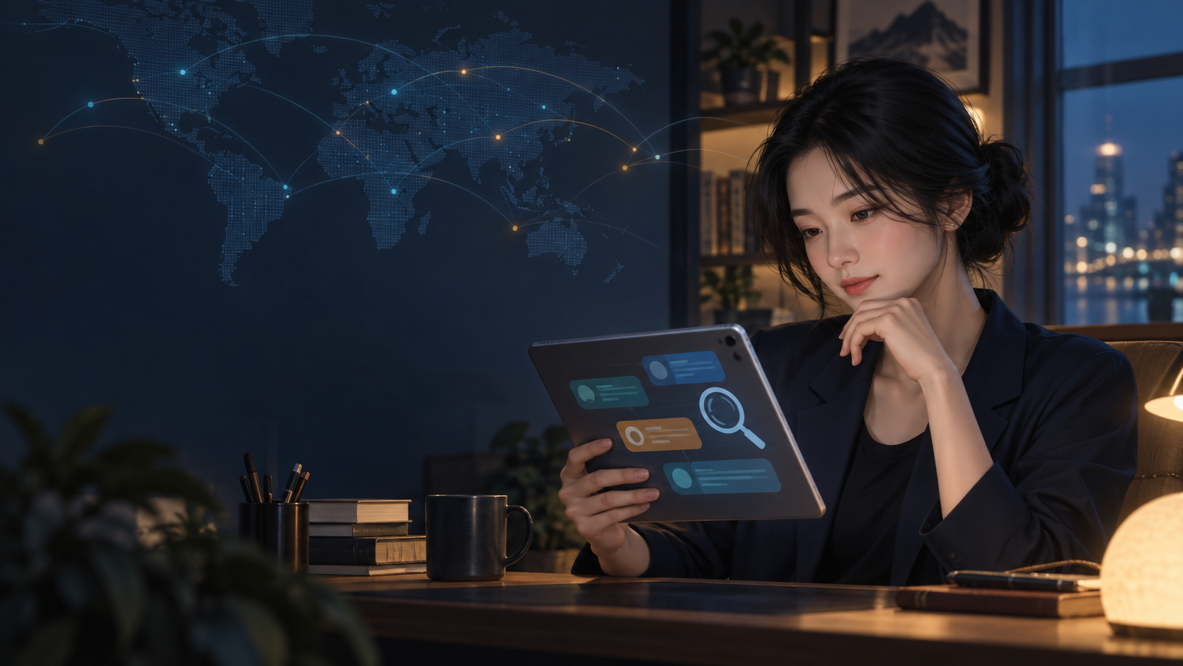 在夜间书桌前查看话题线索的女性插画